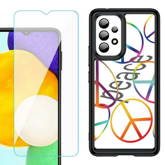 Shockproof Bumper (Black Frame) phone Case for Samsung Galaxy A23 5G, with Tempered Glass Screen Protector, by OneToughShield ® - Colorful Peace