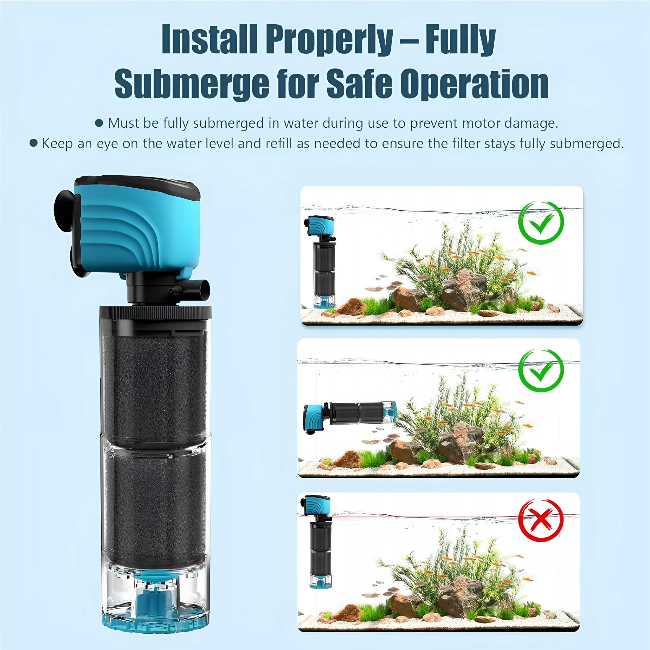 HIBIBUD Submersible Aquarium Filter, Upgraded 50-150 Gallon Fish Tank Filter with Fish Guard, Internal Whisper Pump for Turtle Tank, Debris Tray, Check Valve, Fresh/Saltwater, 12-Inch
