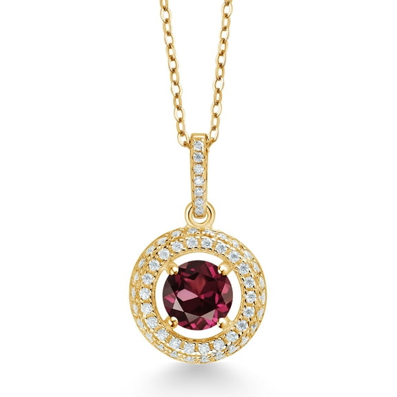 Gem Stone King 18K Yellow Gold Plated Silver Red Rhodolite Garnet and White Moissanite Pendant Necklace for Women (1.25 Cttw, January Birthstone, Round 6MM, 18" Silver Chain)