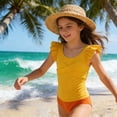 thumbnail image 2 of FYEGRE Girls Bathing Suit Two Piece Ruched Long Sleeve Rash Guard Print Design Swimsuit Yellow 15-16 Years, 2 of 6