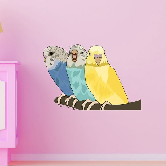 Outdoor Scenes Wall Decal Budgerigars Tweeting Sitting on a Tree Branch Bedroom Wall Decal for Children Birds Cute Themed Room Décor - Size: 10 In x 7 In