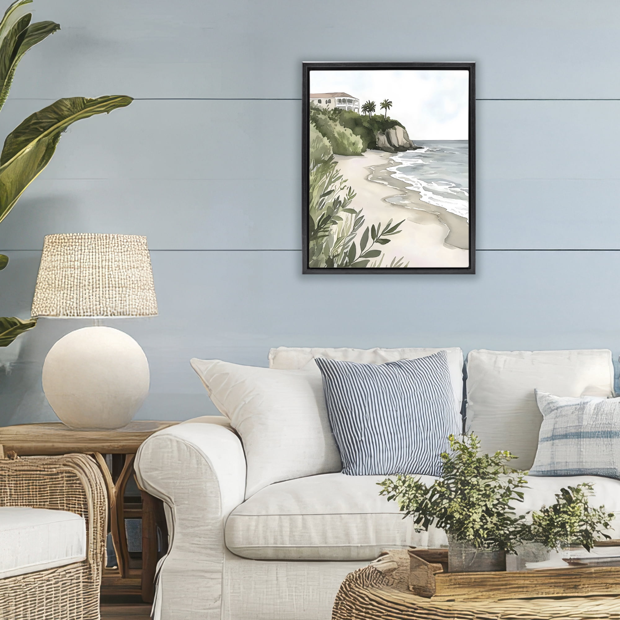 Stupell Industries Coastal Calm Villa on Bluff Black Framed Floater Canvas Wall Art, design by Riley B
