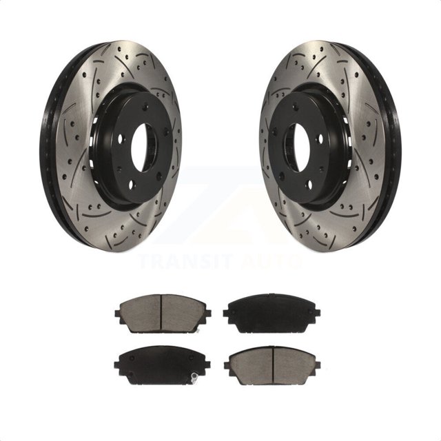 Transit Auto - Front Coated Drilled Slotted Disc Brake Rotors And Ceramic Pads Kit For 2022 Mazda 3 FWD Vehicles Manufactured In Mexico KDC-101049