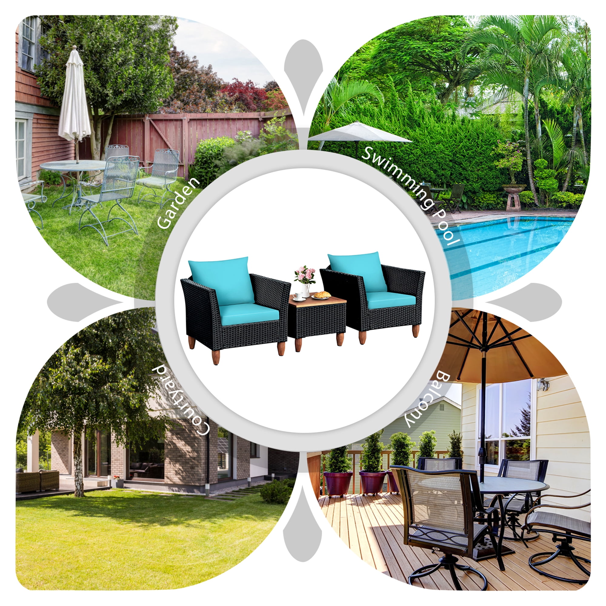 Gymax Fashion 3PCS Patio Rattan Conversation Furniture Set Yard Outdoor w/ Turquoise Cushions