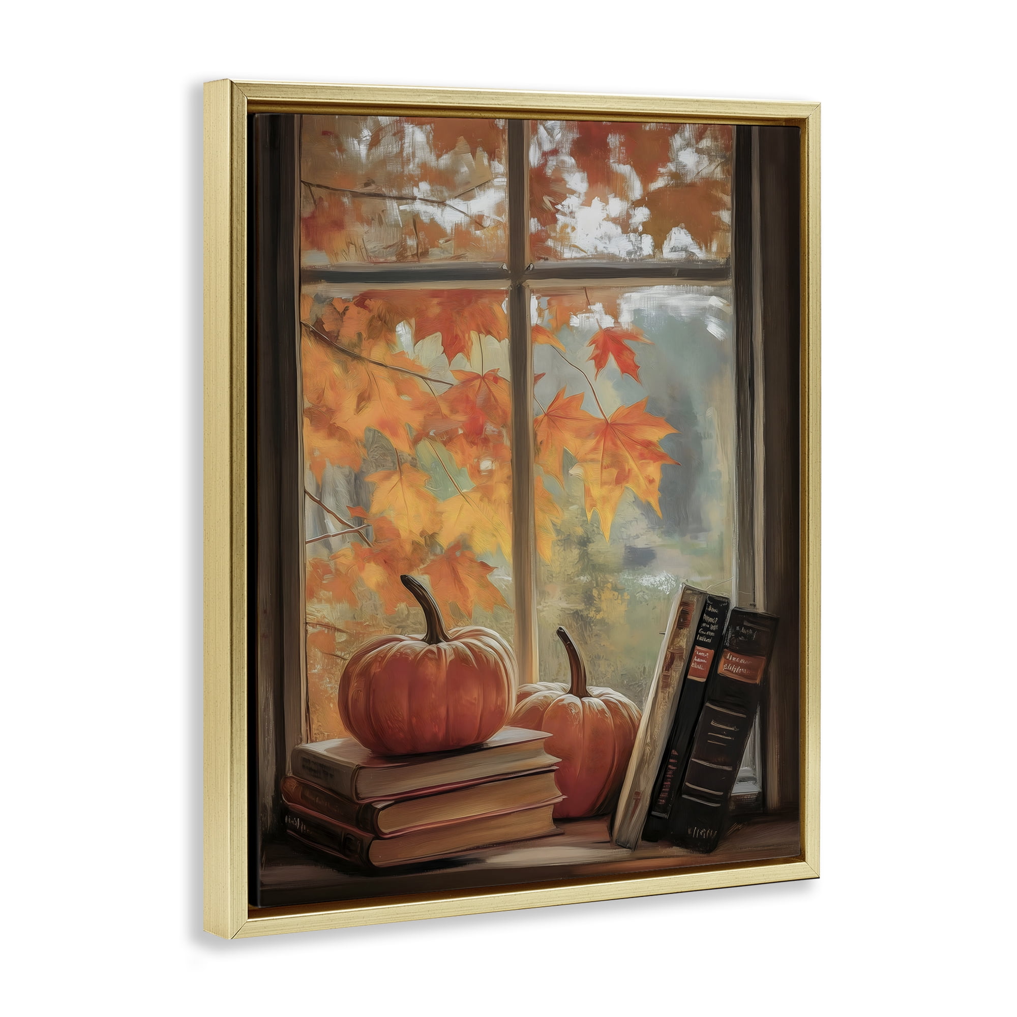 Cozy Fall Window Books Gold Framed Floater Canvas Wall Art, design by Arlington Prints