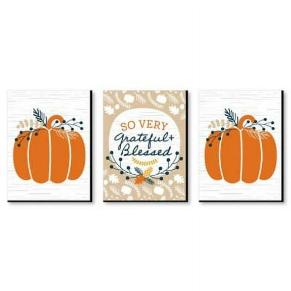Big Dot of Happiness Happy Thanksgiving - Grateful and Blessed Wall Art, Pumpkin Room Decor and Fall Decorations - 7.5 x 10 inches - Set of 3 Prints