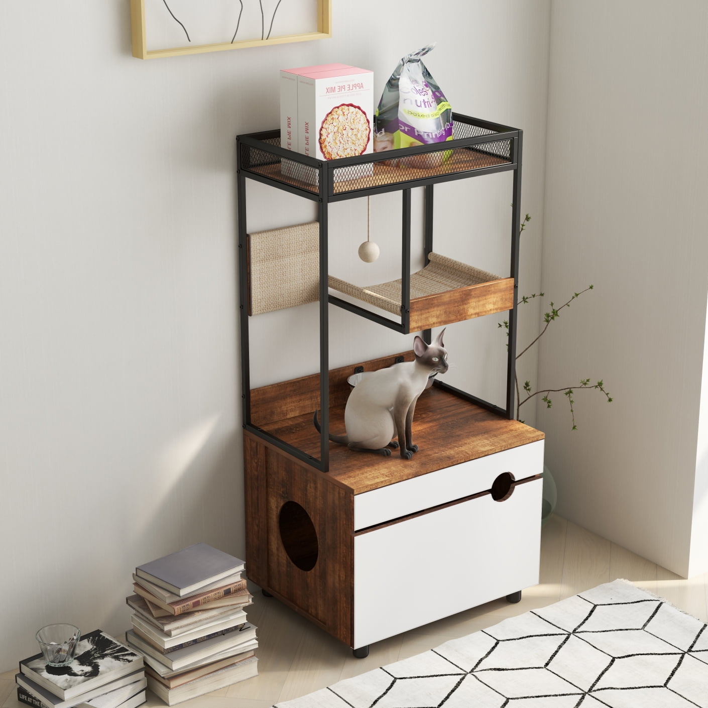 Hidden Cat Litter Box Enclosures with Cat Tree Tower,Cat Furniture with Scratching Pads and Large Storage Space,Industrial Cat Cabinet with Shelves and Doors,Rustic Brown