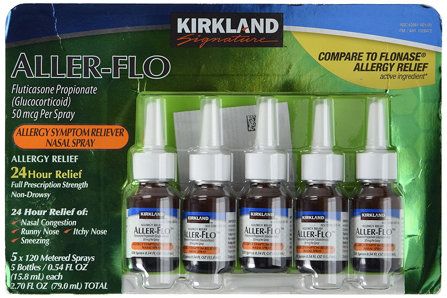 Kirkland Aller-Flo Fluticasone Propionate (Glucorticoid) 5 bottles x 120 Metered Sprays .54 Fl OZ per bottle (15.84 mL x