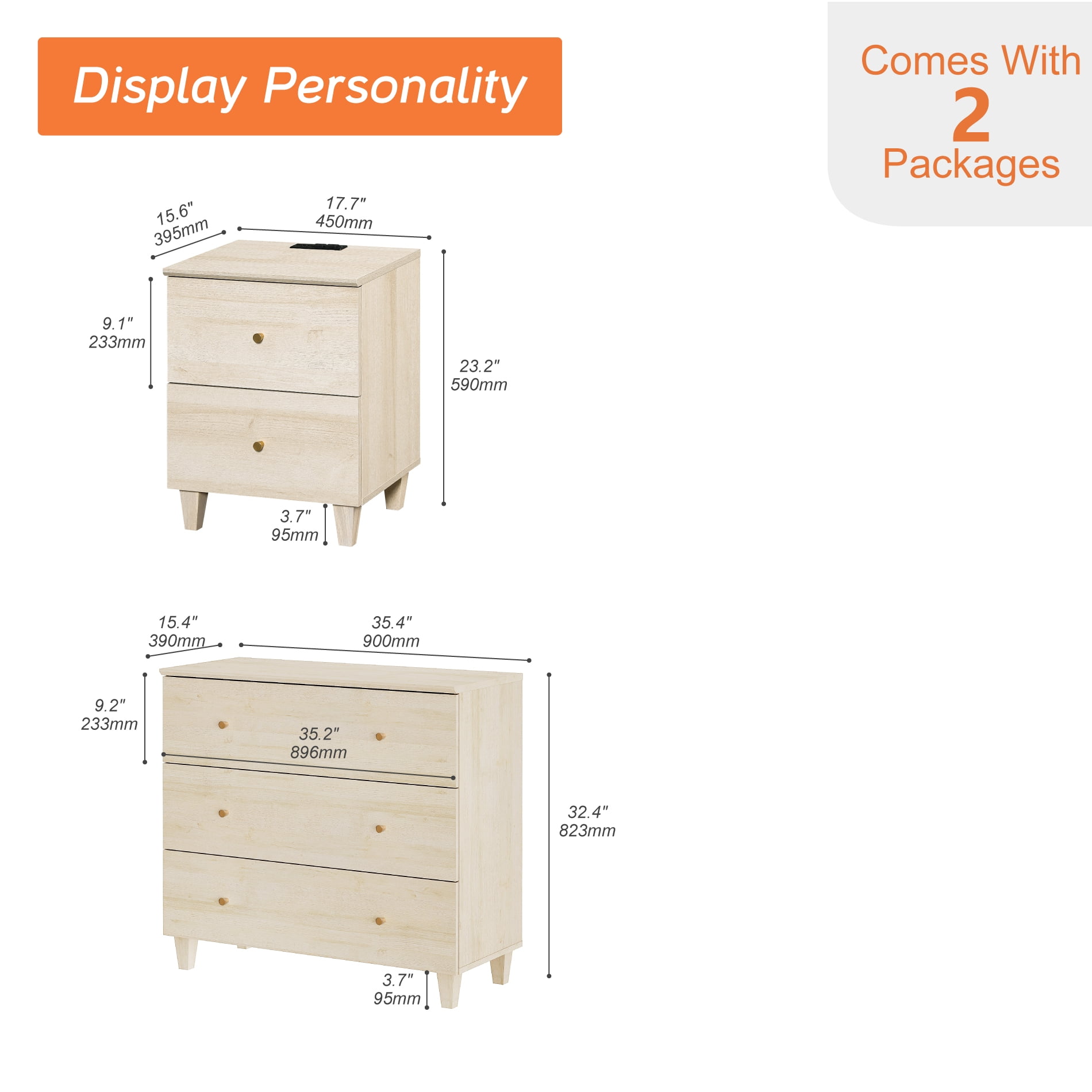 WAMPAT Dresser and Nightstand Set of 2, Wood Dresser with 3 Drawers, Nightstand with Charging Stations for Living Room, Natural Oak
