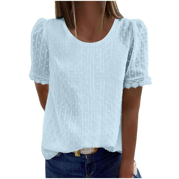 Wlynlyn Tops for Women Dressy Casual Short Sleeve Business Casual Top Crewneck Dotted Chiffon Top XL