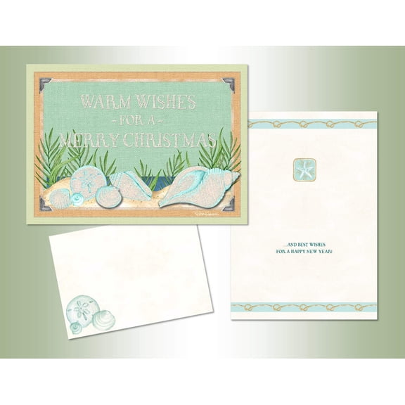 LPG Greetings Shimmering Shells on Beach : Robin Roderick Box of 12 Hand Embellished Warm Weather Christmas Cards