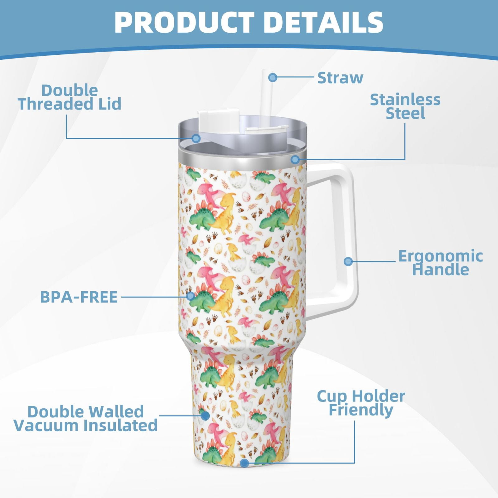 Picia Cute Baby Dinosaurs Pattern 40oz Ice Bully Insulated Tumbler with Handle, Double-Wall Stainless Steel Cup, Leak-Proof Lid and Straw