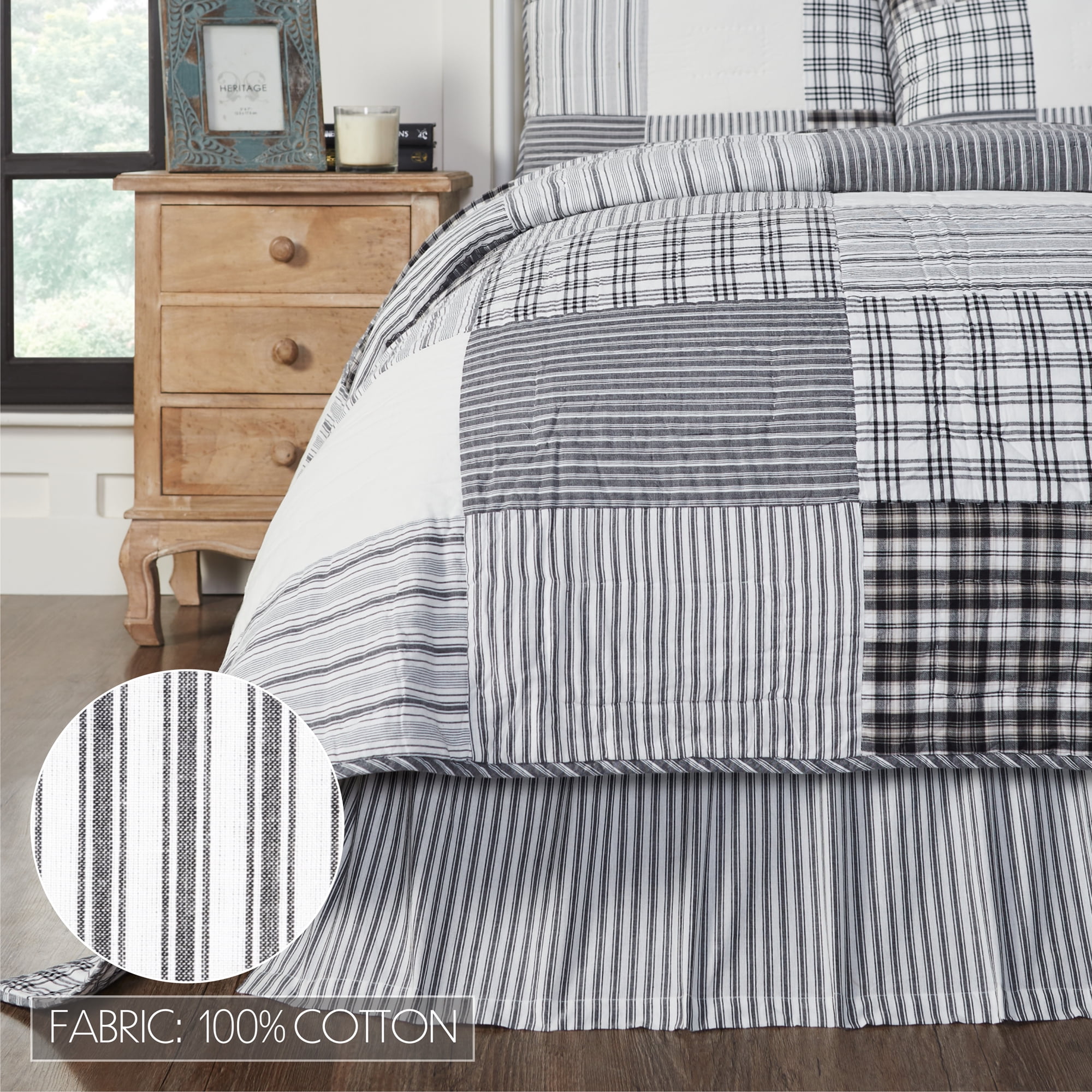 VHC Brands, Sawyer Mill Ticking Stripe King Bed Skirt, Black, 78x80x16