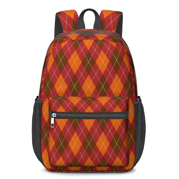 Orange and Brown Checkered Pattern 17" School Backpacks for Teens,Waterproof Oxford Fabric,S-Shape Padded Straps for School,Travel,Hiking,Camping