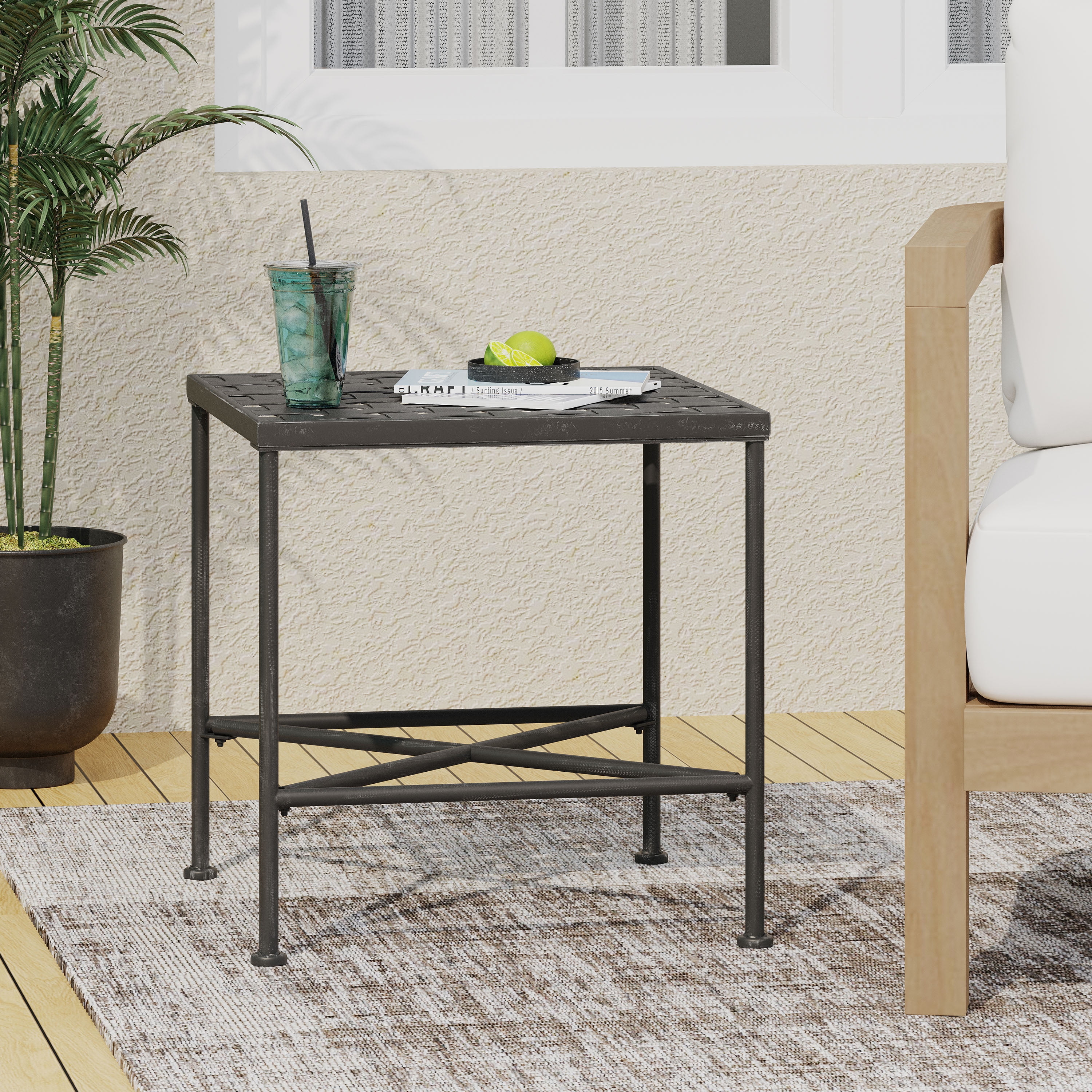 Outdoor Iron Frame End Side Table, Simple Decor Accent Table for Patio Garden, Black Brush Silver
