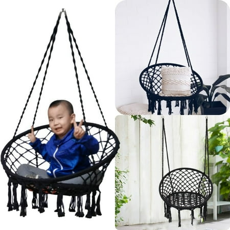 Black Macrame Hammock Chair Hanging Woven Cotton Rope Swing Outdoor Black Macrame Hammock Chair Hanging Woven Cotton Rope Swing Outdoor Garden 120kg Patio Furniture