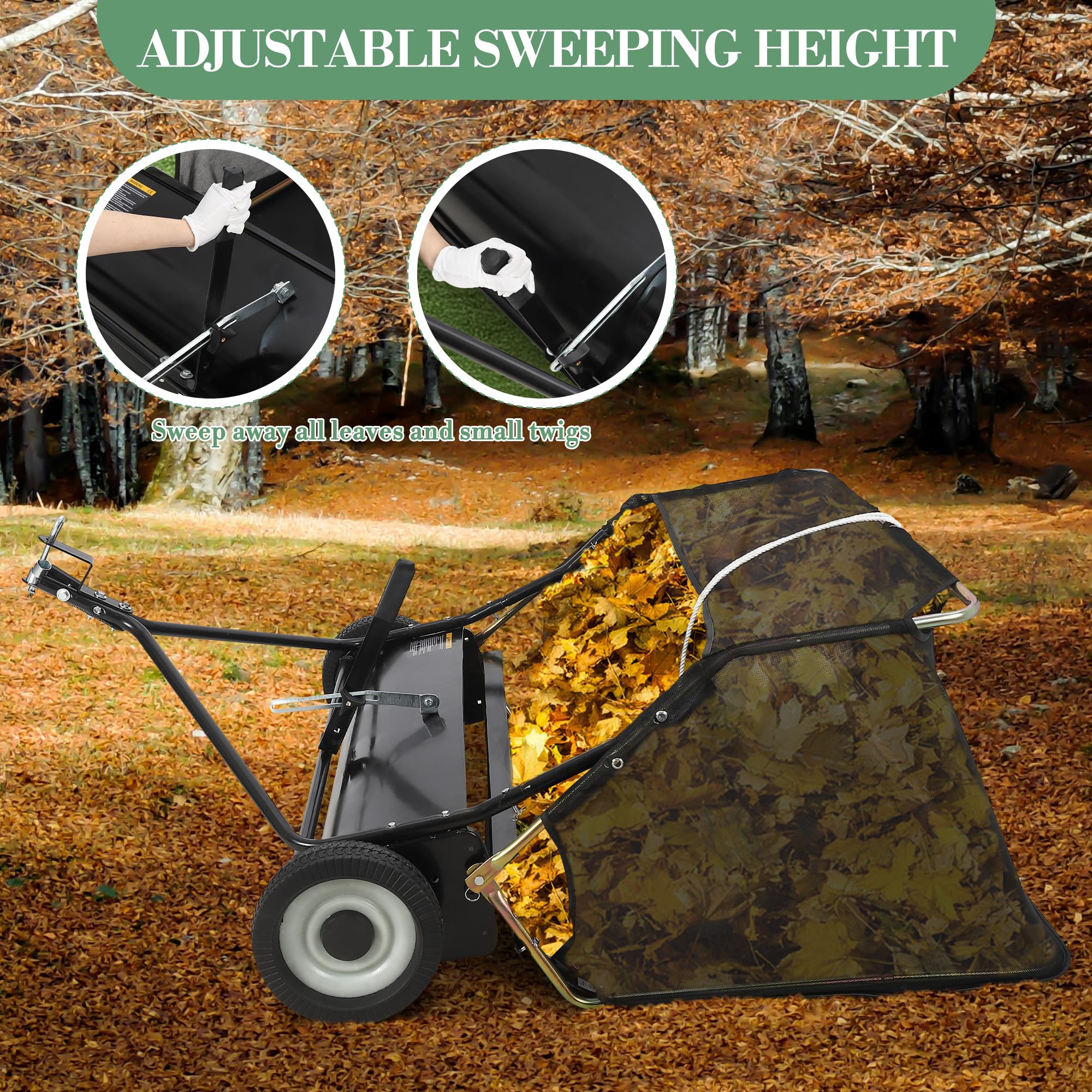 48" Tow-Behind Lawn Sweeper - 25 cu.ft. Heavy-Duty Grass & Leaf Collector with Dumping Rope, Adjustable Height for Easy Debris Pickup
