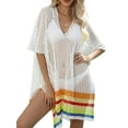 thumbnail image 5 of Liacowi Women Crochet Bikini Cover Ups Short Sleeve V Neck Hollow Stripe Beach Dress Sunscreen Blouse, 5 of 9