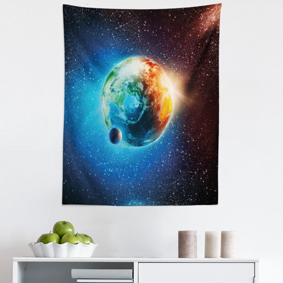 Earth Tapestry, Majestic Galaxy Outer Space View Universe Planet Stars Astral Theme World, Fabric Wall Hanging Decor for Bedroom Living Room Dorm, 5 Sizes, Orange Blue Black, by Ambesonne