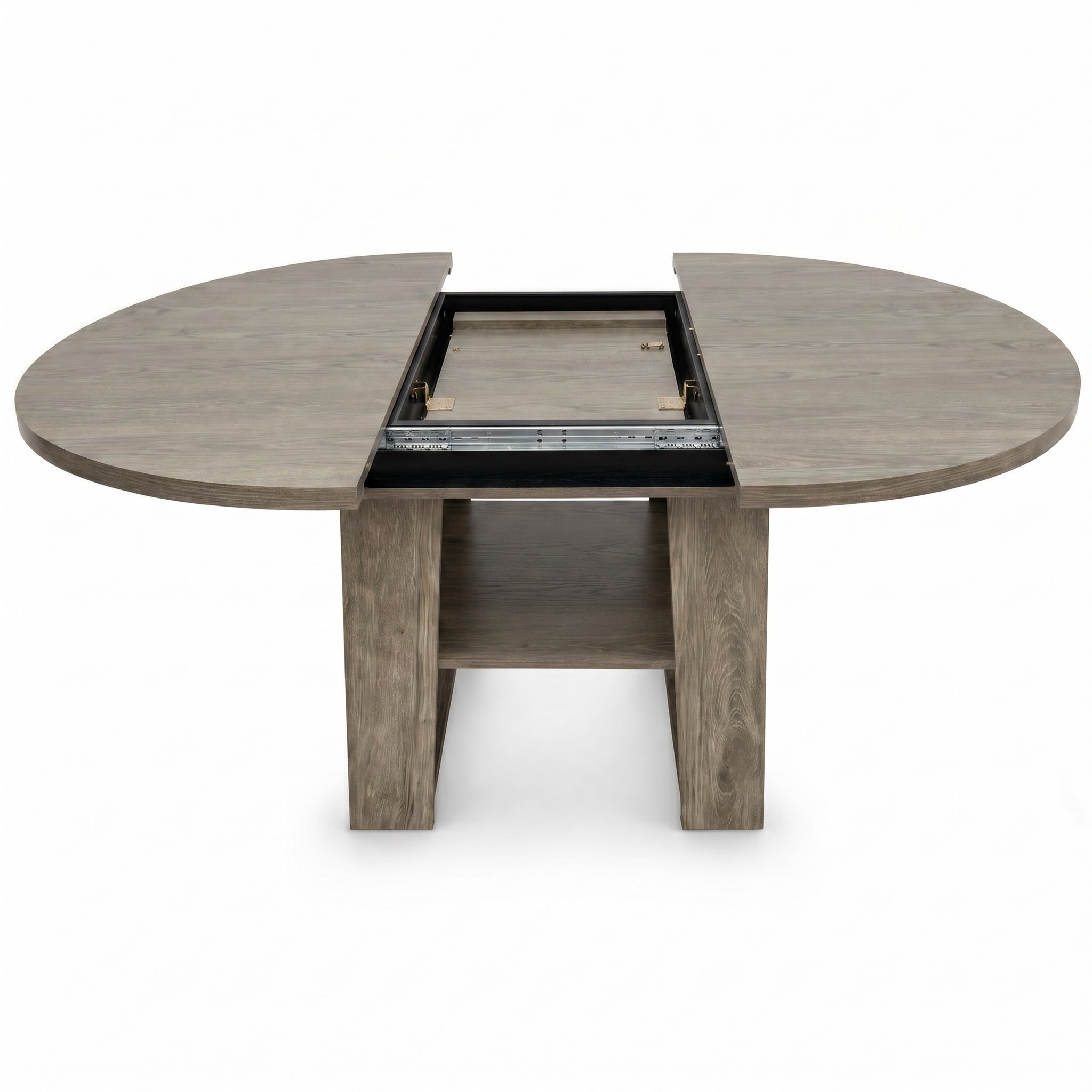 Leumius Extendable Dining Table for 4-6,Round-to-Oval Kitchen Table with Built-In Flip-Up Extension Leaf,Wooden Kitchen Table with Stable H-Shaped Base and Storage Shelf,Gray
