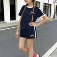 thumbnail image 5 of SGFCWSX Girls 2 Piece Outfits Summer Bow Print Short Sleeve T Shirt Side Stripe Shorts Set for Teens Navy Size 14, 5 of 6