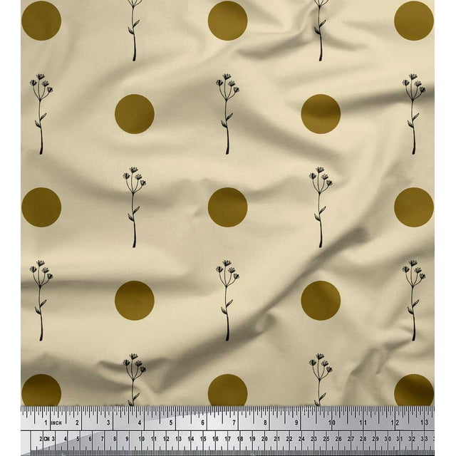 Soimoi Beige polyester Crepe Fabric Dots & Leaves Decor Fabric Printed Yard 52 Inch Wide