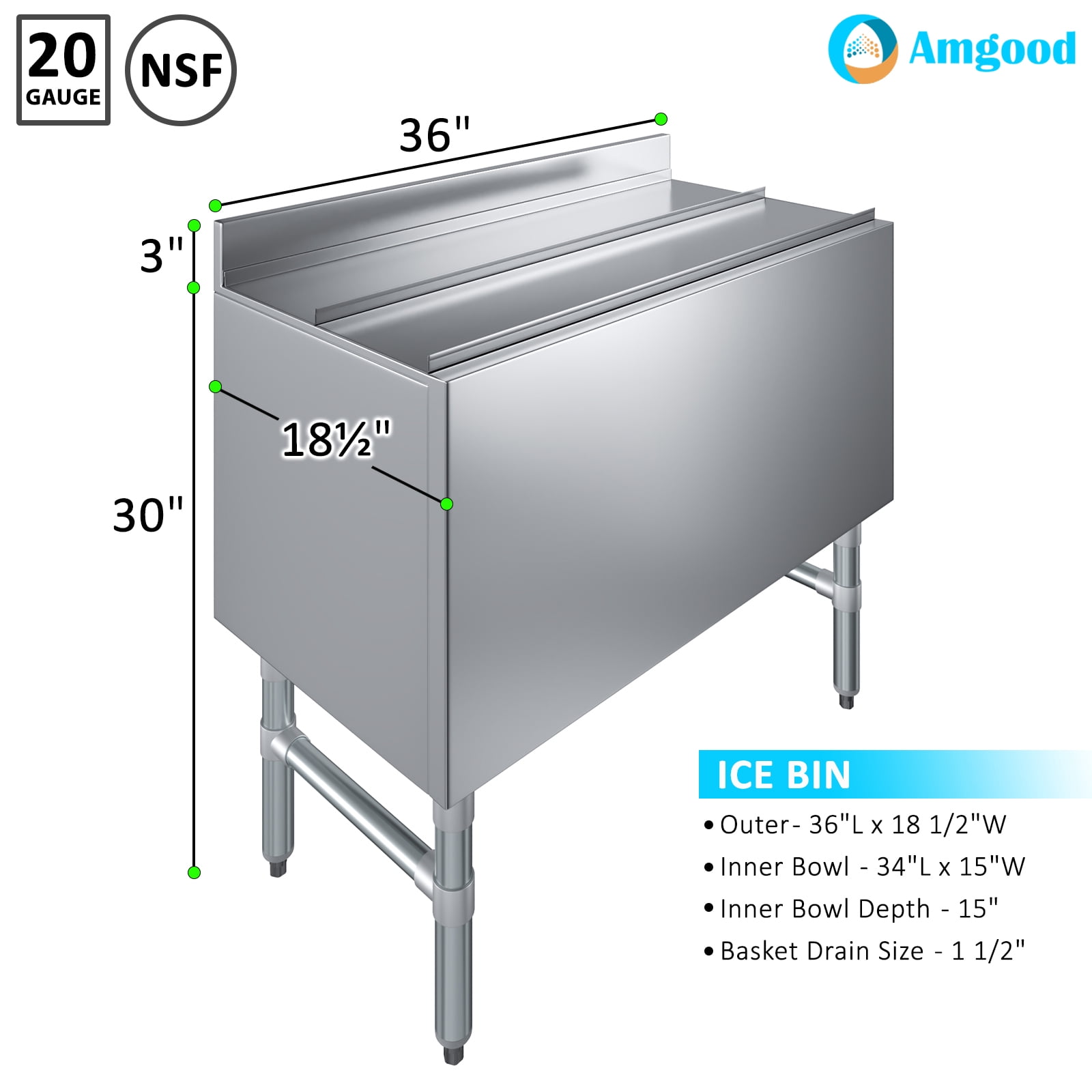 AmGood Underbar Ice Bin 18.5 in. x 36 in. x 30 in. | Stainless Steel Ice Chest With Sliding Lid | NSF
