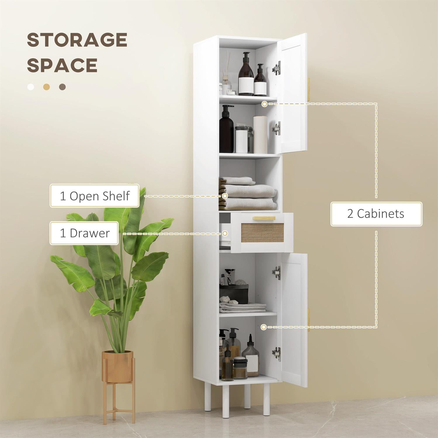 Demi Bonn 66" Tall Bathroom Storage Cabinet with Rattan Door, Adjustable Shelves for Modern Spaces, White