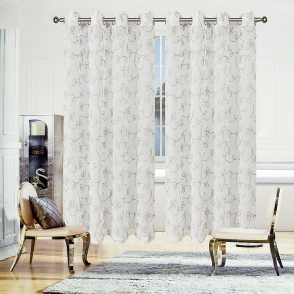 Scroll Pattern Two Panels Sheer Curtains, 52" x 96", Grey by Blue Nile Mills