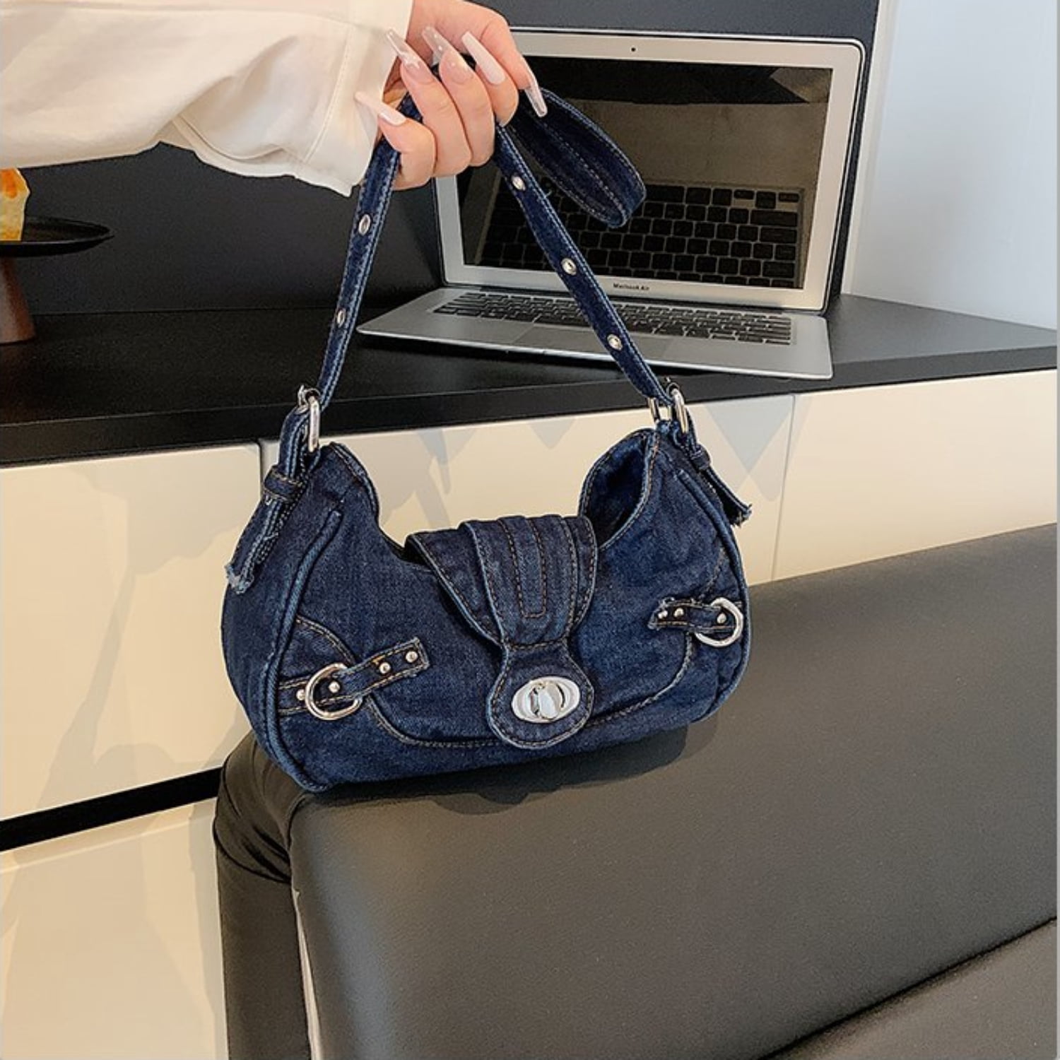 Women's Denim Crescent Shoulder Bag - Y2K Vintage Hobo Handbag, Trendy Mini Crossbody Purse for Girls, Casual Satchel with Adjustable Strap
