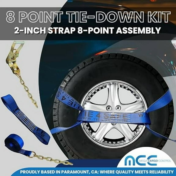 Mega Cargo Control 8 Point Roll Back Vehicle Tie Down Kit with Chain Extension - Blue Towing Straps with Blue Sleeve Protectors
