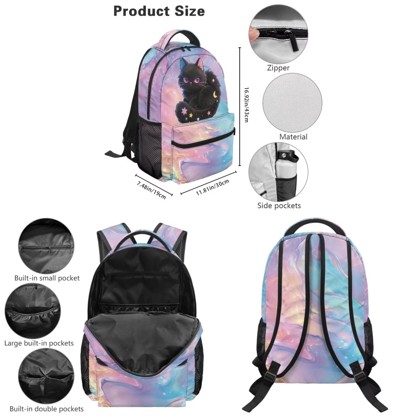 Pzuqiu Black Cat Back Pack for School Girls Backpacks for Teens Girls Backpack with Lunch Bag Pencil Case Water Bottle Holder Bag Large Shoulder Strap Rucksack