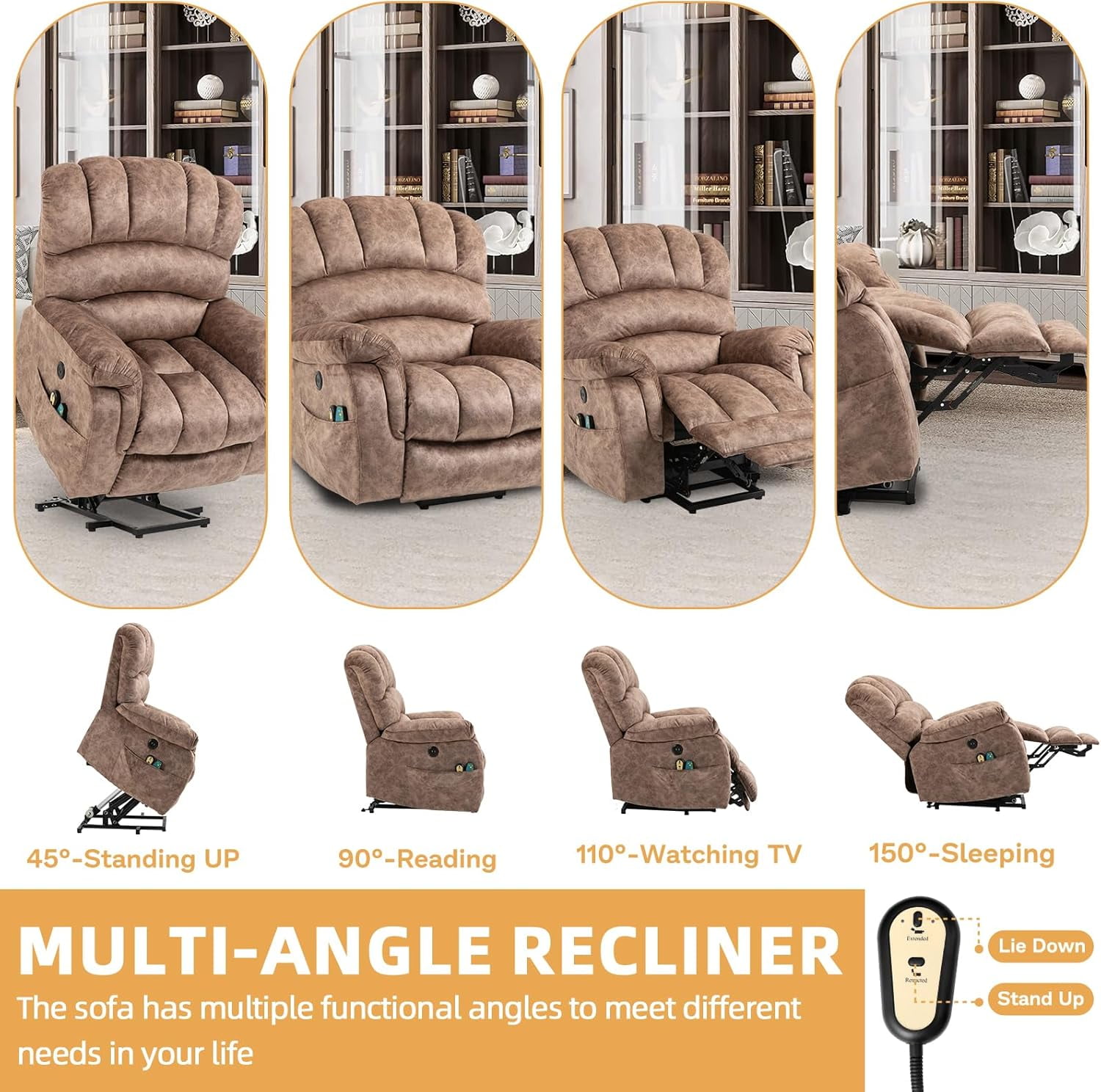 Large Electric Power Lift Chairs Recliners for Elderly Big Man with Massage and Heat, Oversized Wide Reclining Chairs for Living Room with Extended Footrest(Plush-Brown)