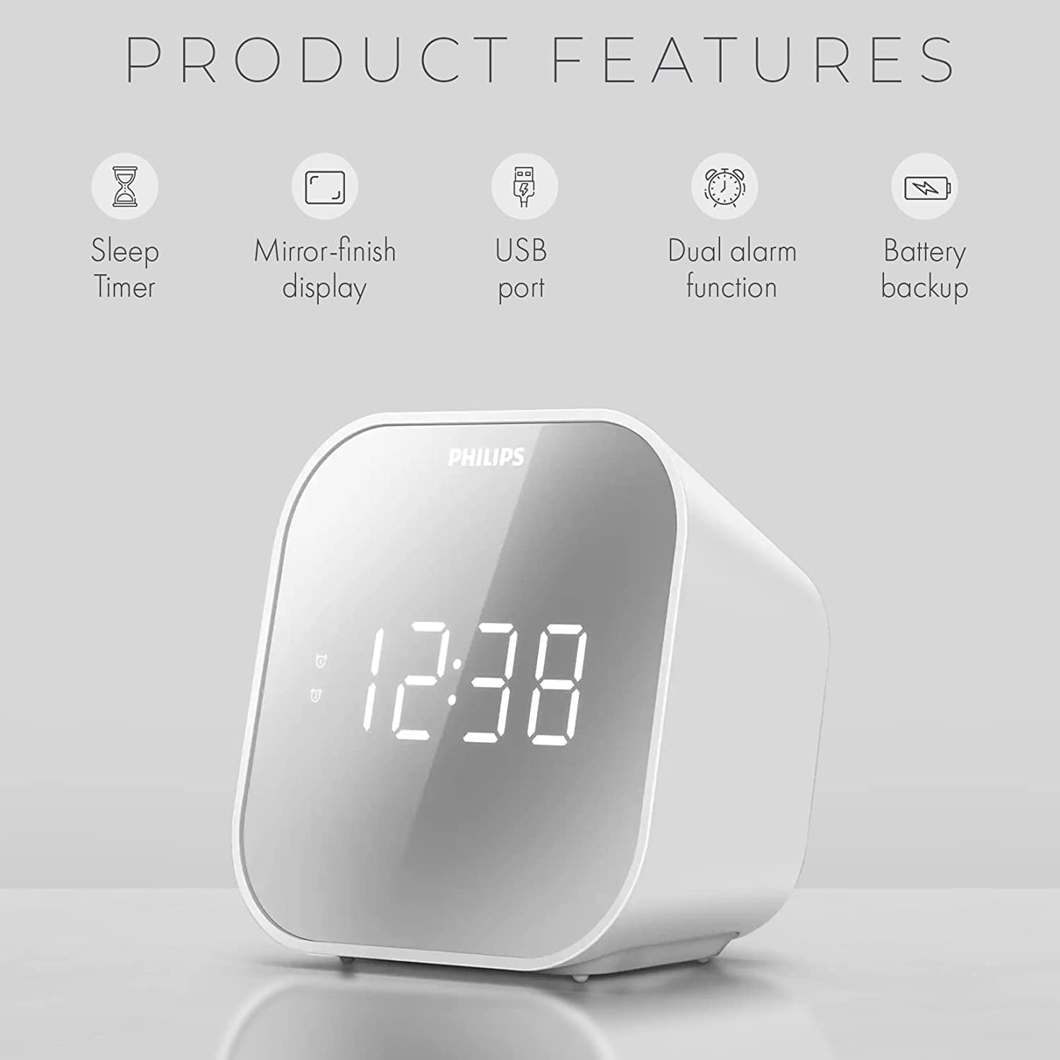 PHILIPS Digital Alarm Clock with USB Charge Port & FM Radio, Mirror Clock