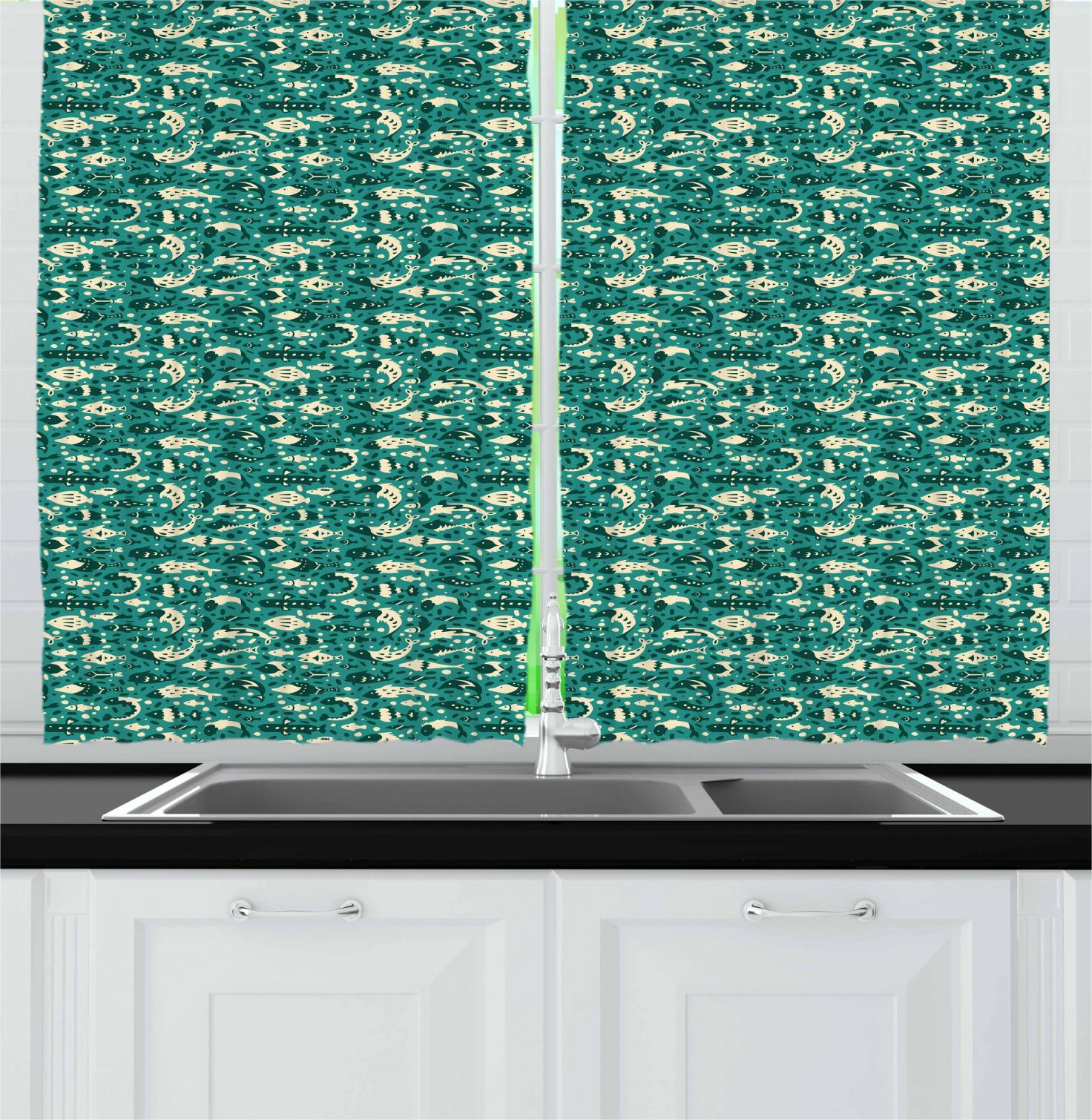 Nautical Curtains 2 Panels Set Underwater Animal Composition With