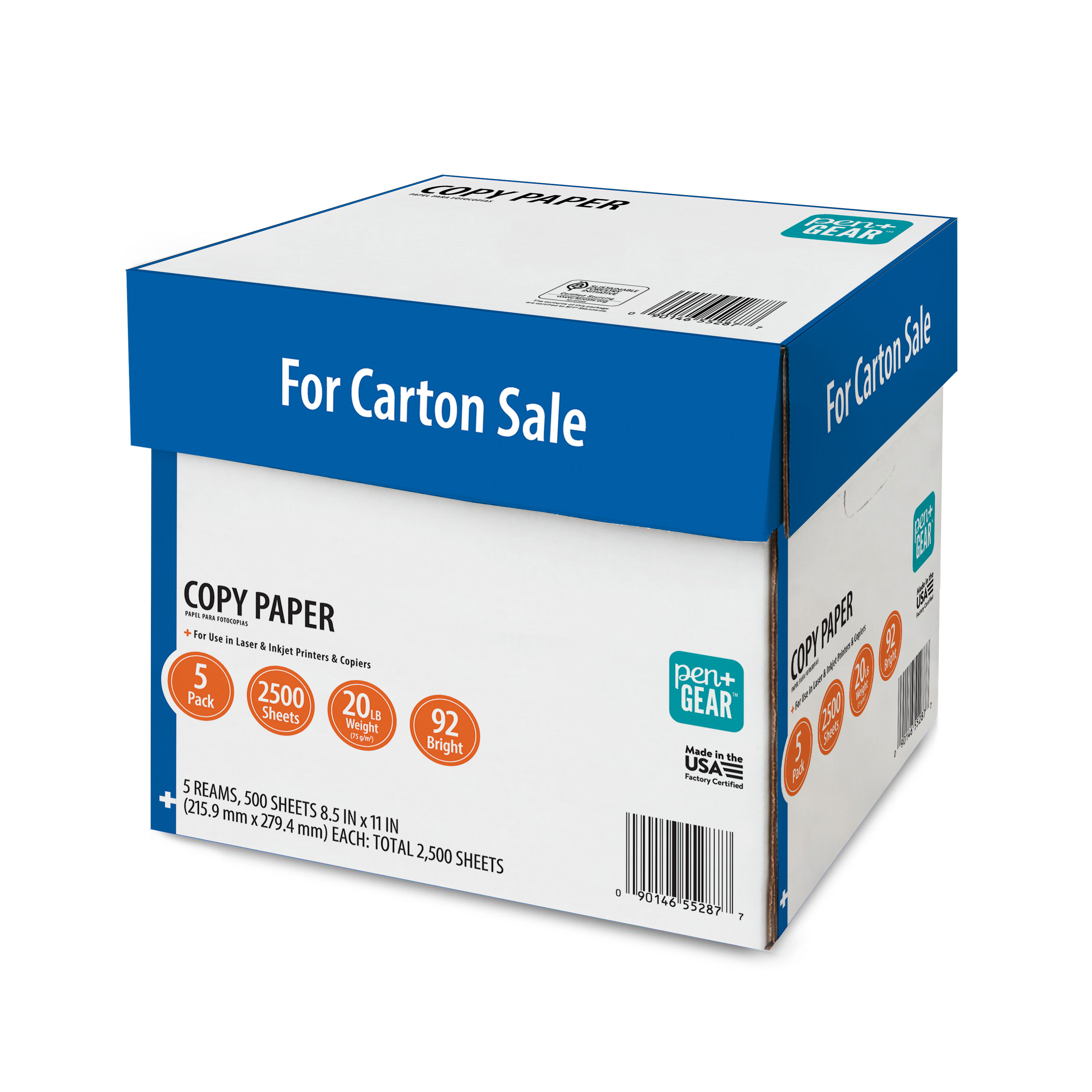 Papel para copias Pen + Gear, 8.5" x 11", 92 brillo, 20 lb., blanco, estuche de 5 resmas (2,500 hojas) 3
