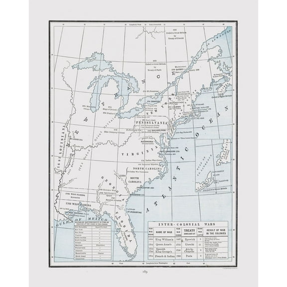 Historic War Map - Colonial Wars - Cram 1892 - Vintage Wall Art