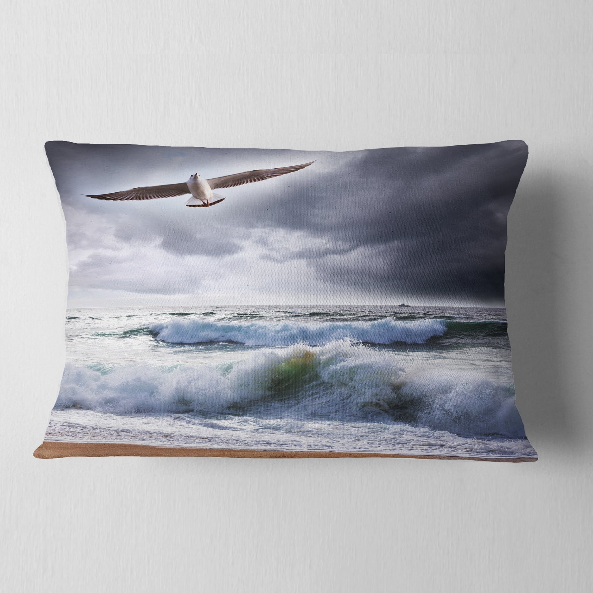 Designart Large Seagull over Stormy Waves - Modern Beach Throw Pillow - 12x20