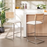 Zesthouse 26 Rattan Counter Height Bar Stools Set of 2, Boucle Upholstered Barstools with Cane Back and Chrome Base, Mid Century Counter Height Chairs for Kitchen Island, White