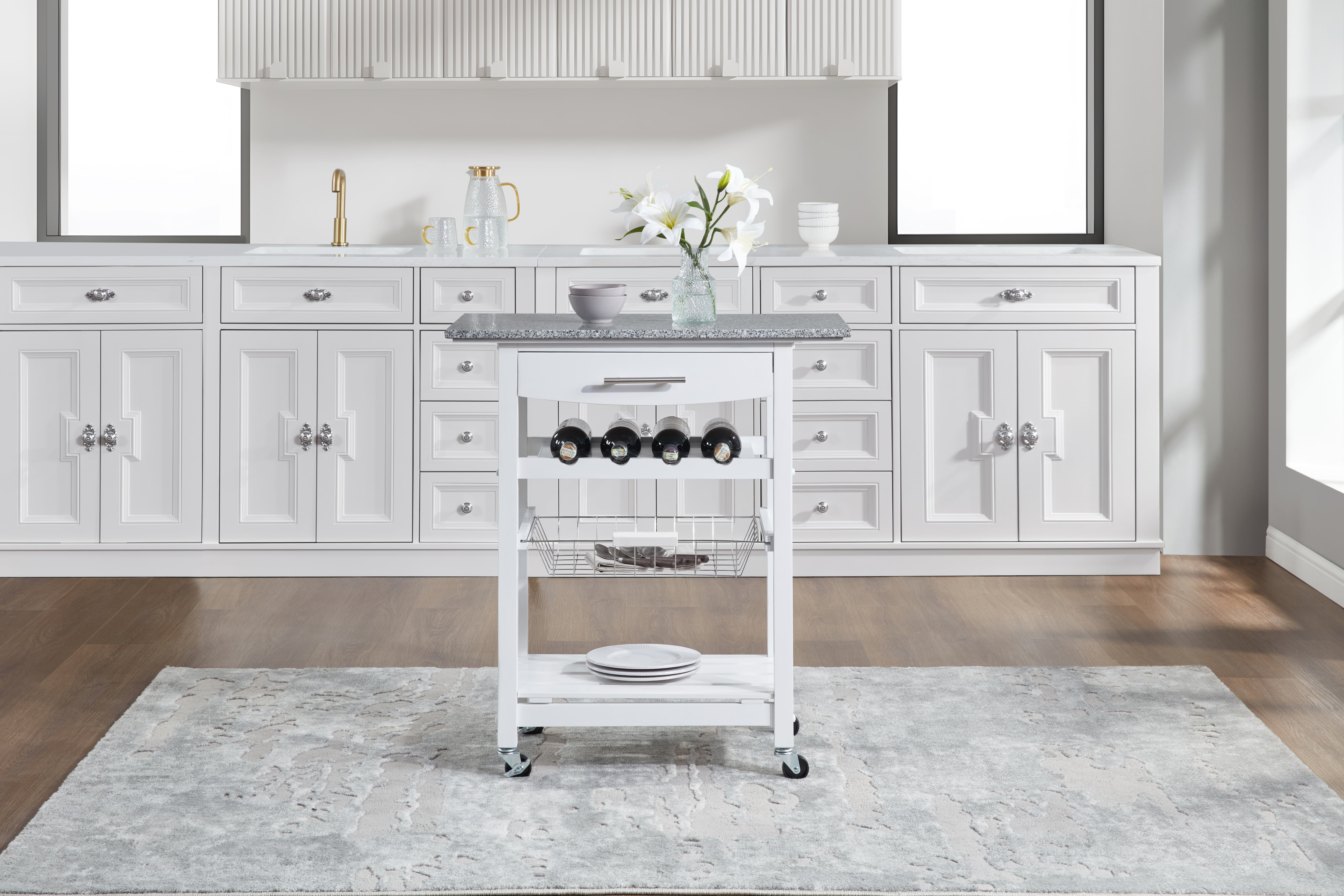 MAYEERTY Mobile Rolling Kitchen Island Trolley with Marble Top, Drawer & Storage Basket ,White