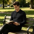 thumbnail image 7 of Domuza Men's Slim Fit Long Sleeve Polo, Soft Knit Sweater Shirt, Versatile Casual Top for Golf Work Travel Black M, 7 of 7