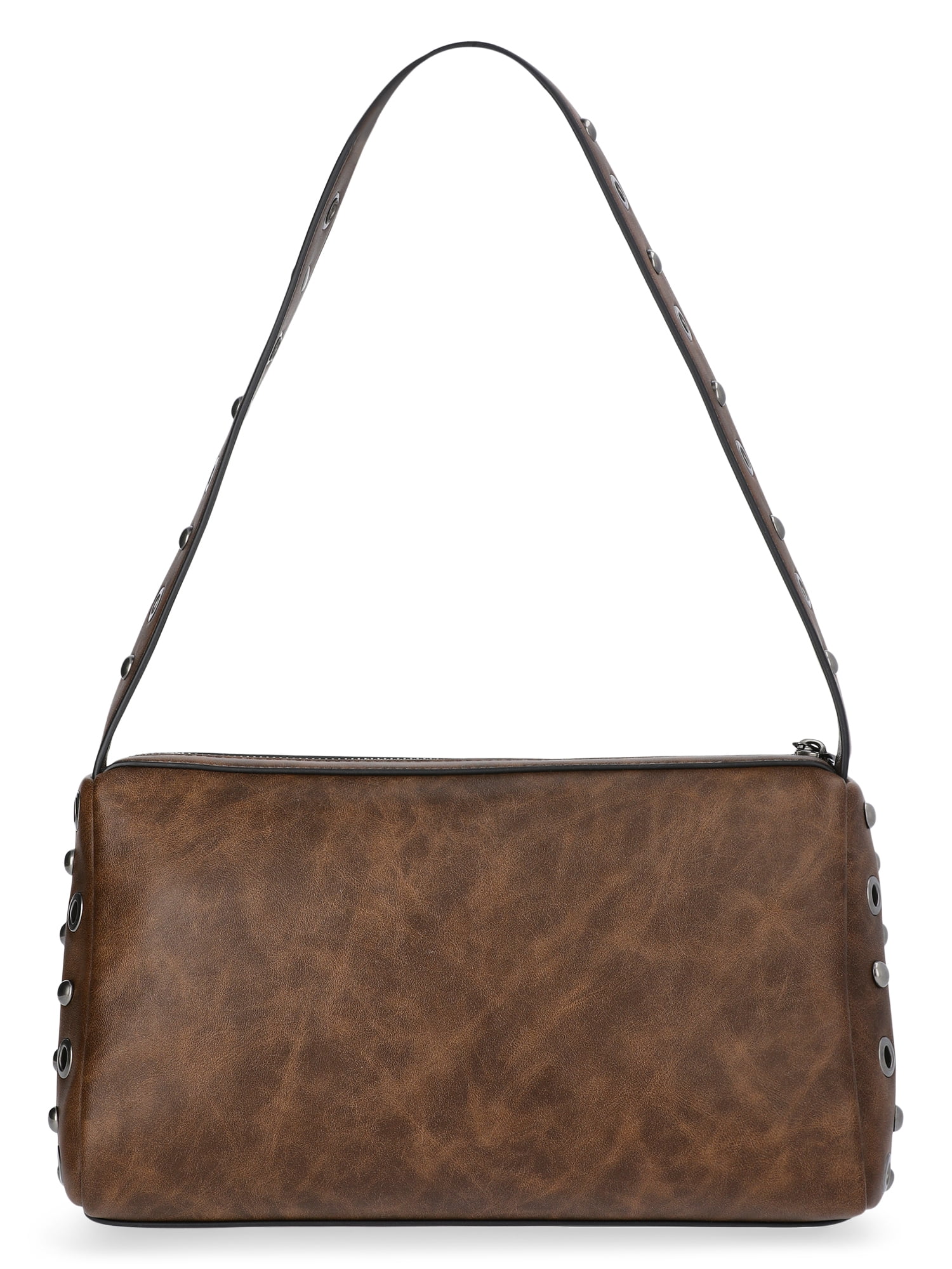 No Boundaries Women's Faux Leather Studded Moto Shoulder Bag, Brown