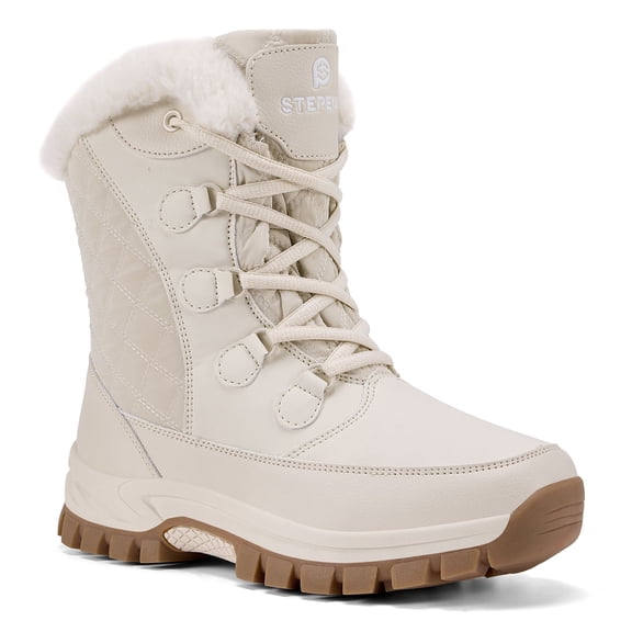 Stepedia Women's Non Slip Faux Fur Snow Boots Waterproof Winter Boot Warm Cozy for Cold Weather, Beige