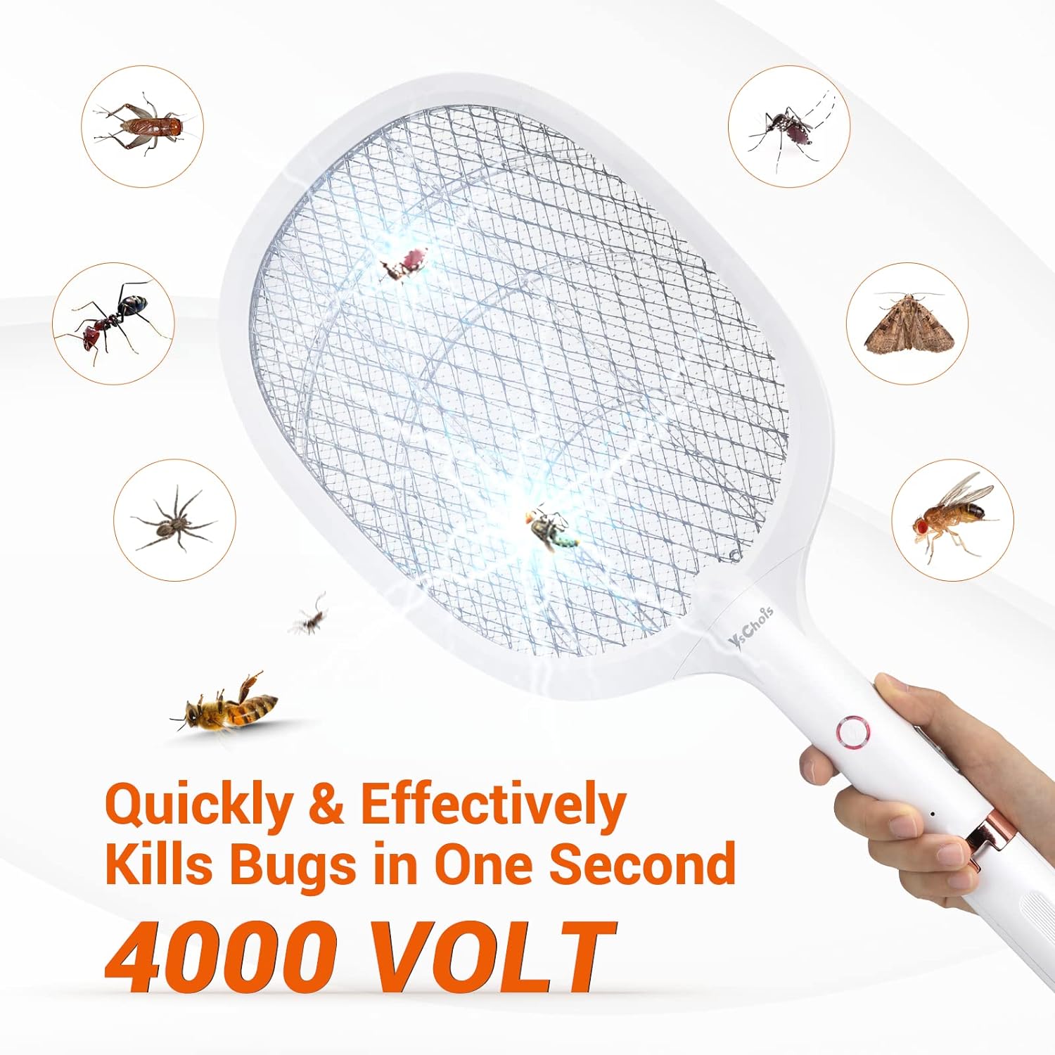 Electric Fly Swatter Racket, Rechargeable Fly Zapper - 4000 Volt, Exclusive 2-in-1 Bug Zapper Racket - USB Charging, 1800mAh Li-Battery, Indoor & Outdoor Use, White