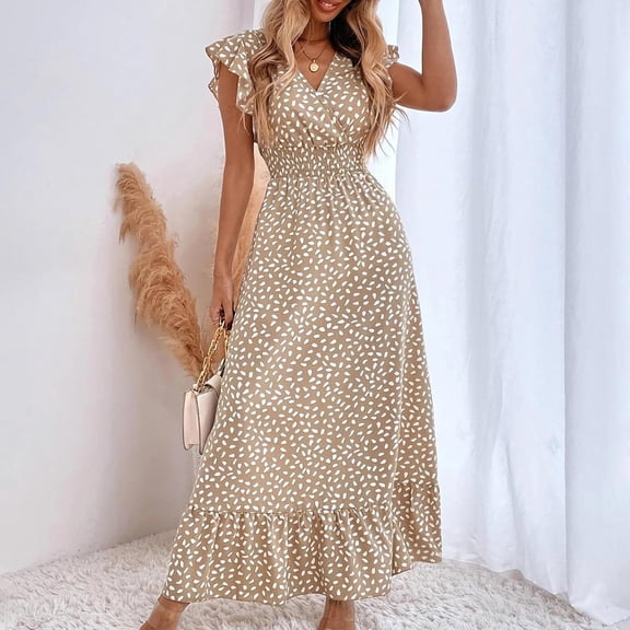DailyTrove Women Ruffle Cap Sleeve V Neck Tiered Maxi Dress Ditsy Dot Floral Casual Flowy Long Dress