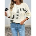 thumbnail image 4 of Women Striped Color Block Cable Knit Casual Loose Fit Crewneck Long Sleeve Drop Shoulder Fall Sweaters Cream White L, 4 of 9