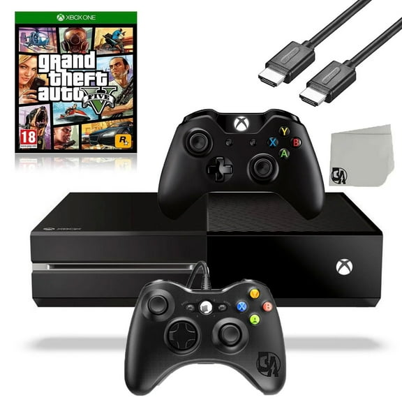 Pre-Owned Microsoft Xbox One Original 500GB Gaming Console Black HDMI Cable 2 Controller Included With GTA V Game BOLT AXTION Bundle