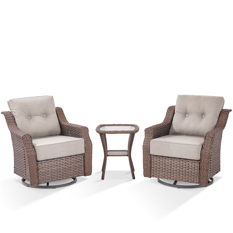 PARKWELL 3-Piece Outdoor Swivel Rocker Chair with Side Table,All-Weather Rattan Swivel Glider Rocking Lounge Chair,Patio Bistro Set for Porch Deck Backyard,Brown/Beige