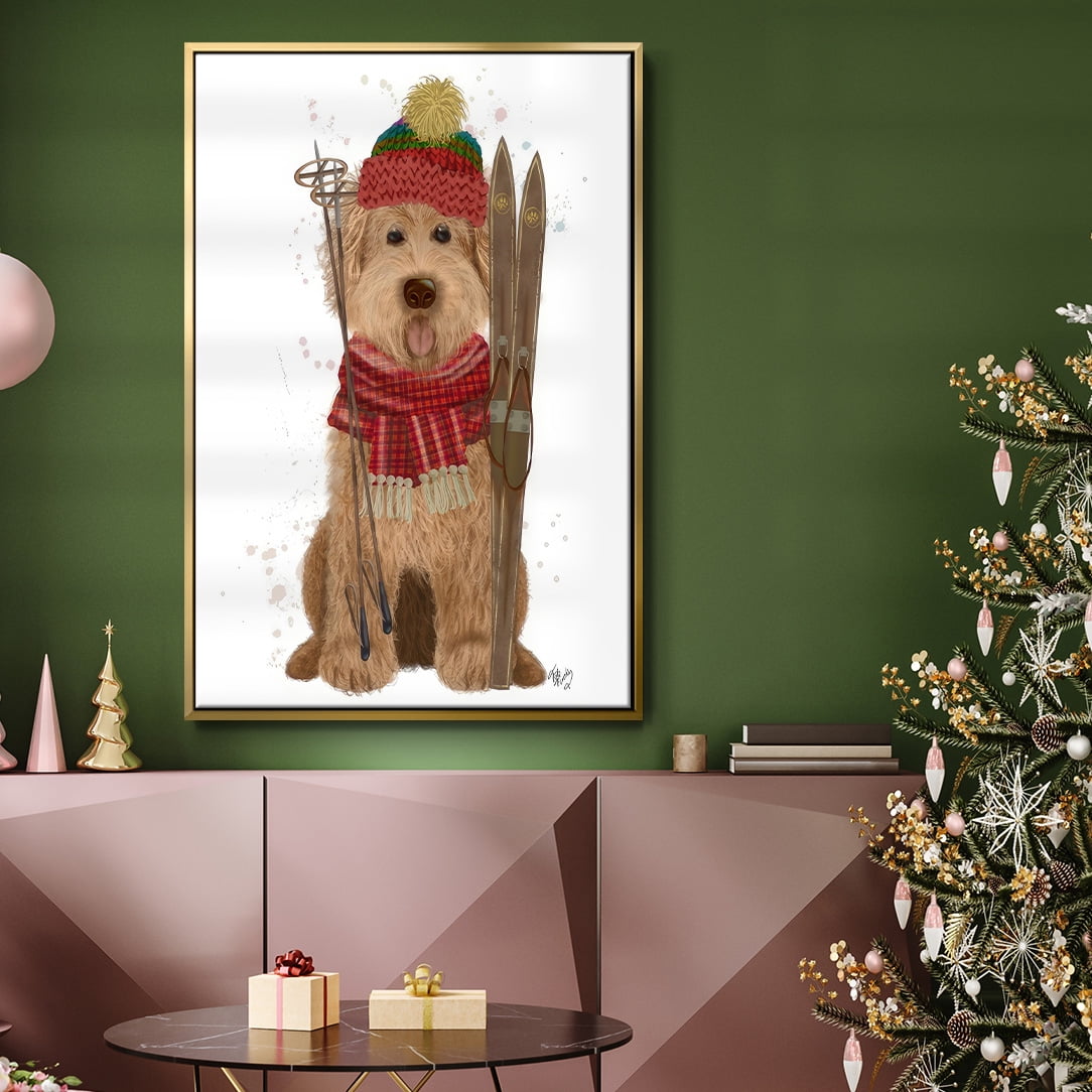 Goldendoodle Ski Dog - Framed Gallery Wrapped Holiday Canvas - 17 x 25 - Gold Frame