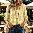 thumbnail image 4 of thefmos Women's V Neck 3/4 Sleeve Plaid Top Loose Fit Lightweight Cute Blouse Casual Fashion Spring Fall Outfitt, Yellow XL, 4 of 7